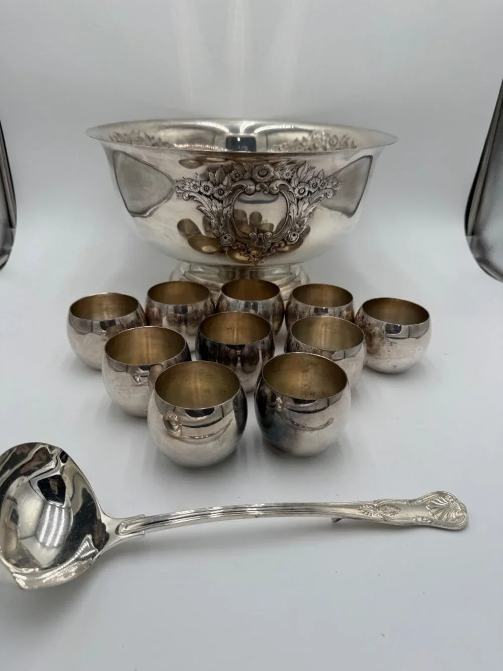 Antique Silver Plated Punch Bowl Set Matching Cups Ladle Vintage  Leonard Sheffi